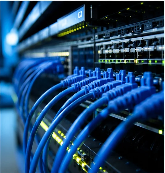Baie informatique avec câbles réseau bleus