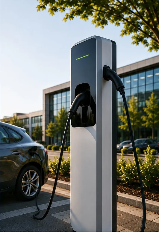 Borne de recharge pour véhicule électrique devant un bâtiment