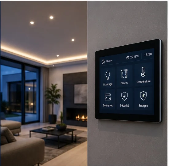 Écran de pilotage domotique KNX dans un intérieur contemporain